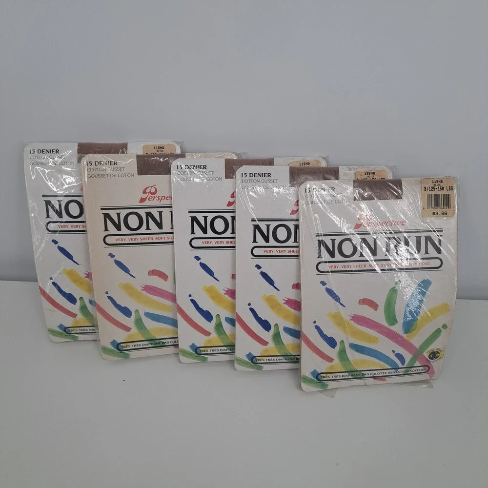 VTG Lot 5 Perspective Non Run Sheer Pantyhose 15 Denier Beige Size B Retro NIP